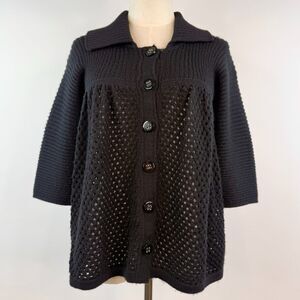 Vintage Black 100% Baby Alpaca Wool Knit Button Up Cardigan 3/4 Sleeves Boho S